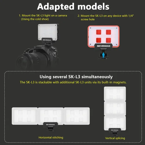 Miniatura 6 de Sevenoak SK-L3 Luz de video RGB, batería recargable incorporada de 1800 mAh para cámaras DSLR profesionales, video fotográfico, luz LED de cámara