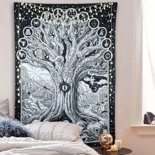 Miniatura 3 de ZYLLGLOW Tapiz del zodiaco con diseño de árbol de la vida en blanco y negro para dormitorio, estético, malvado de ojo, serpiente, sol y luna
