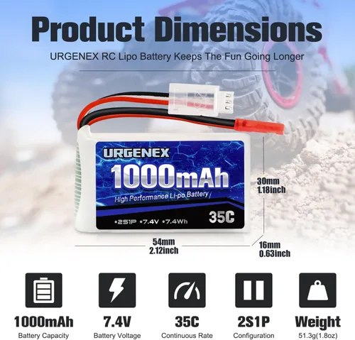 Miniatura 2 de 2S Lipo Batería 7.4V 1000mAh 35C (Burst 70C) Batería recargable RC con enchufe JST compatible con WLtoys RC Cars A949 A959 A969 A979 K929