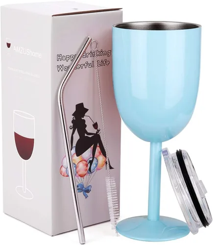 Miniatura 20 de AMZUShome Copas de vino de acero inoxidable (paquete de 2). Vaso de vino de doble pared aislado al vacío con tapa y pajita. Amistad, Navidad, Oro