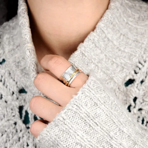 Miniatura 7 de Boho-Magic Anillo giratorio de plata de ley 925 para mujer con anillo antiestrés de latón, banda de flores