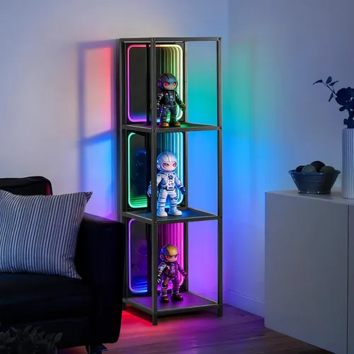 Miniatura 8 de FUSLITE Armario de almacenamiento de 3 niveles con luz LED de espejo infinito, vitrina RGBW con temperatura de color ajustable para dormitorio