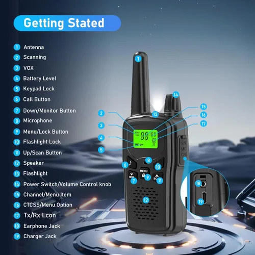 Miniatura 3 de Walkie Talkies para adultos de largo alcance, Walkie Talkies recargables Kartal con 22 canales FRS, radios bidireccionales con linterna LED
