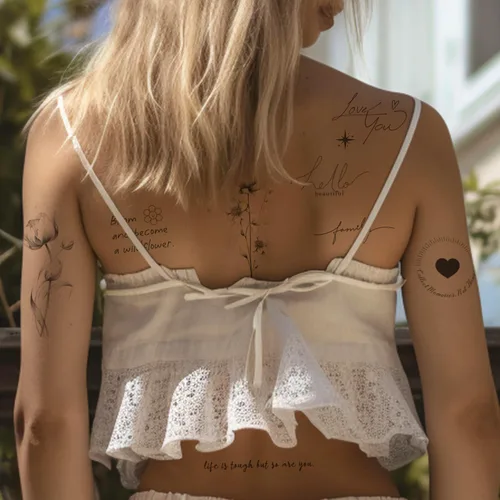 Miniatura 3 de Tatuajes temporales realistas – 60 hojas de tatuajes falsos pequeños, 30 piezas de tatuajes significativos con escrituras y palabras, 30 calcomanías