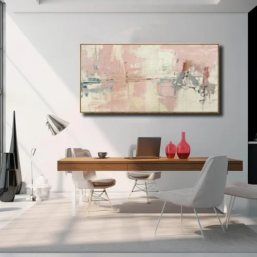 Miniatura 4 de YJYart Arte de pared de lienzo rosa para decoración de sala de estar, 24 x 48 pulgadas, arte abstracto de pared blanco, lienzo blanco, decoración