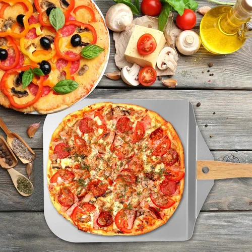 Miniatura 7 de Onlyfire Pala de pizza de aluminio con mango de madera, 12 x 14 pulgadas, paleta de pizza de metal antiadherente para hornear pasteles de pizza
