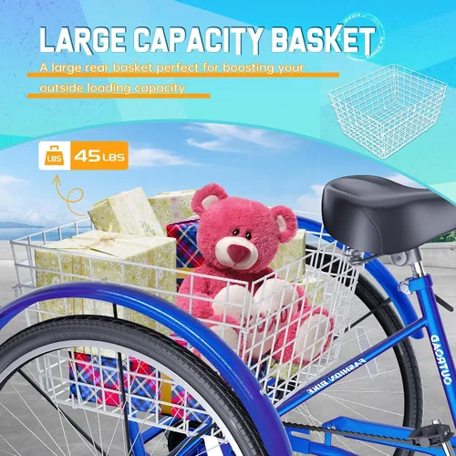 Miniatura 3 de 24/26 Inch Adult Tricycle, 3 Wheel Bikes with Large Basket, Cruiser Bike for Women/Men/Seniors, Adult Trike for Outdoor/Shopping/Recreation/Picnic