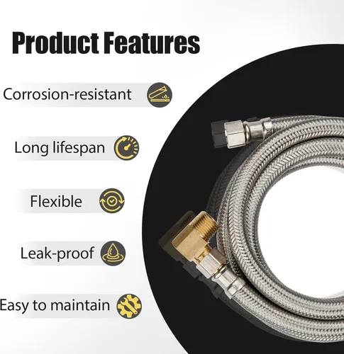 Miniatura 5 de Paquete de 1 manguera Foskan de acero inoxidable para lavavajillas de 4 pies con compilación de 3/8 pulgadas x 3/8 pulgadas MIP 90° codo, conector