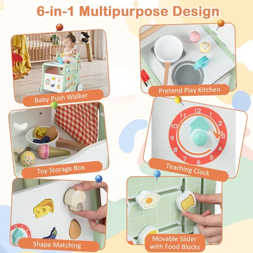 Miniatura 4 de HONEY JOY Andador de empuje para bebés, centro de actividades de madera 6 en 1 con clasificador de formas, desarrolla habilidades motoras