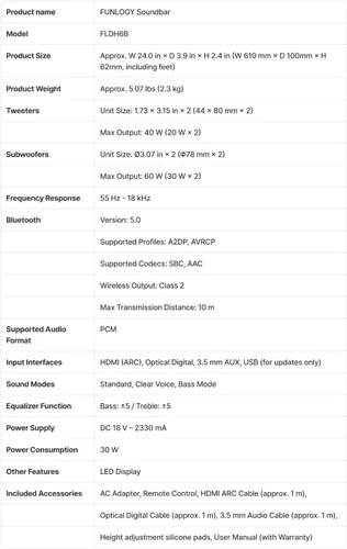 Miniatura 9 de FUNLOGY Barra de sonido para Smart TV, barra de sonido Bluetooth 5.0 de 100 W 2.1 canales con HDMI ARC, óptico y AUX, control remoto, para proyector