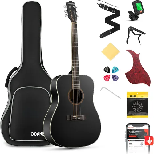 Miniatura 7 de Donner guitarra acústica negra para principiantes, adultos, adolescentes, kits de iniciación - Juego completo de guitarra acústica