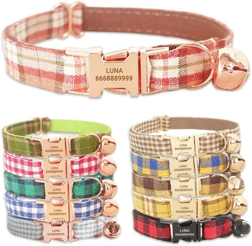 Miniatura 18 de PETDURO Collares de gato a cuadros hechos a mano personalizados con campana y hebilla de metal grabada con nombre personalizado para gatos lindos