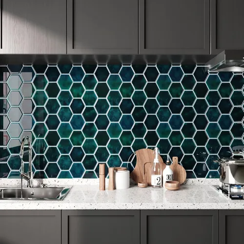 Miniatura 2 de CRE8TIVE 4 hojas de azulejos para despegar y pegar en muro para cocina, azulejos hexagonales de 12 x 12 pulgadas, color verde esmeralda