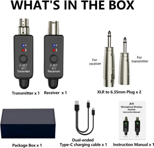 Miniatura 9 de Transmisor y receptor XLR inalámbrico A11 2.4GHz, sistema de micrófono inalámbrico para micrófonos dinámicos, mezclador de audio, sistema de PA