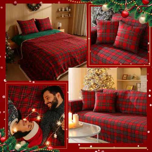 Miniatura 4 de Oudain Juego de fundas de sofá navideñas con 2 fundas de almohada de 71 x 134 pulgadas, fundas de sofá rojas a cuadros búfalos, funda de sofá de 3