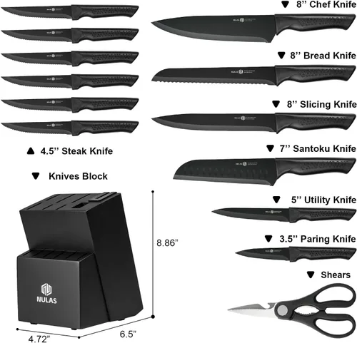 Miniatura 2 de Juego de cuchillos de cocina de 15 piezas con bloque y afilador integrado, apto para lavavajillas, mango antideslizante, 6 cuchillos para carne