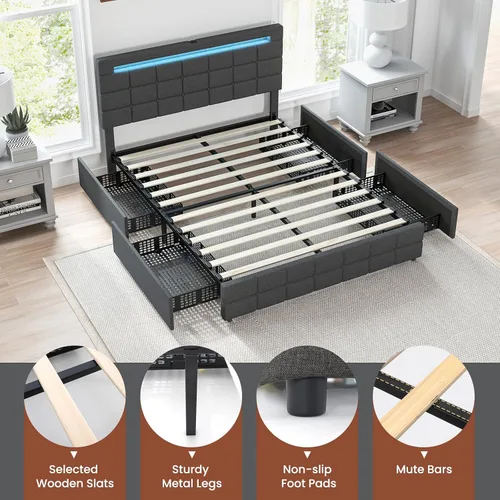 Miniatura 8 de Giantex Base de cama individual con luces LED y 4 cajones, base de cama de plataforma tapizada con puertos USB, diseño de cabecera ajustable