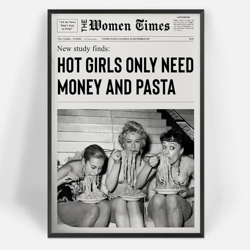 Miniatura 12 de Arte de pared vintage de periódico blanco y negro para niñas, comida de chica caliente, pasta italiana, pósteres divertidos para habitación de Negro