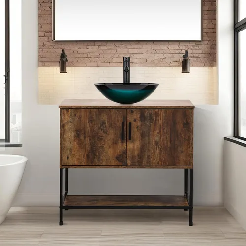 Miniatura 51 de UEV Tocador de Baño de Roble Rústico de 24" con Lavabo, Conjunto de Gabinete de Baño con Marco de Hierro Industrial con Puertas y Estante, con Combo