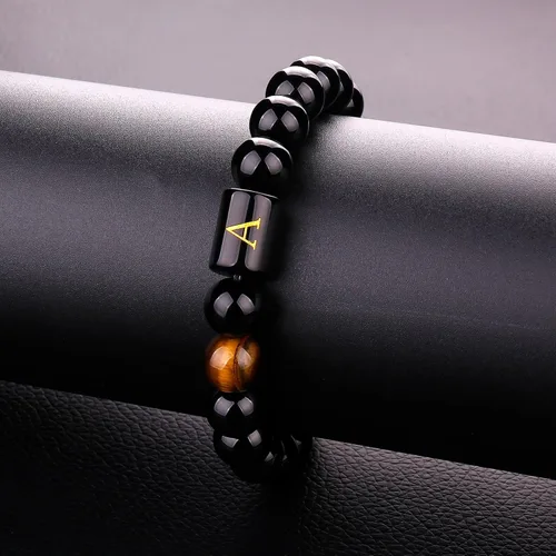 Miniatura 5 de SUMMER LOVE Regalos para el Día del Padre, pulsera con inicial de piedra de ónix negro de 0.394 pulgadas para hombres, pulsera de cuerda trenzada