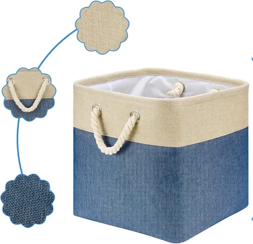 Miniatura 4 de Cubos de almacenamiento de tela de lino beige y azul marino de 13 x 13 x 12.5 pulgadas, paquete de 2 cubos de almacenamiento de 13 x 13 pulgadas