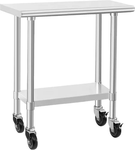 HARDURA Mesa comercial de acero inoxidable para preparación y trabajo con ruedas, mesa de metal resistente con ruedas, NSF 430, 14 x 30 pulgadas