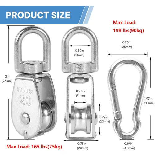 Miniatura 4 de 6 unidades de bloque de polea simple M20 de acero inoxidable 304, rueda de remolque con cable colgante, con 6 ganchos de resorte de enganche rápido