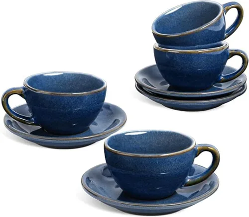Miniatura 9 de LE TAUCI Juego de 4 tazas de capuchino de 6 onzas con platillos, juego de 4 tazas de café de cerámica y platillos para café con leche, Au Lait