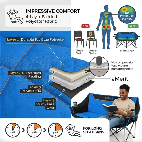 Miniatura 4 de EMERIT Silla de Camping Doble Extra Grande Acolchada para Adultos, Sillón Plegable Resistente para Exterior, Camping, Playa, Césped, Concierto 650LB