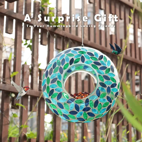Miniatura 8 de VCUTEKA Comedero de mosaico para pájaros para colgar en el exterior con recipiente de vidrio de forma redonda para atraer más aves silvestres