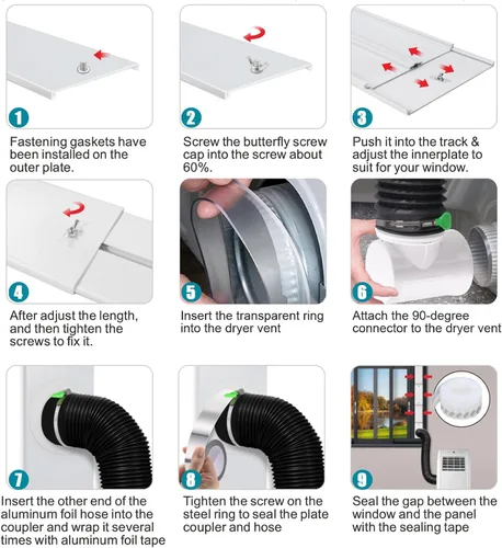 Miniatura 5 de Kit de ventana de ventilación para secadora, kit de ventilación de ventana ajustable y conector de codo de 90° para manguera de escape de secadora