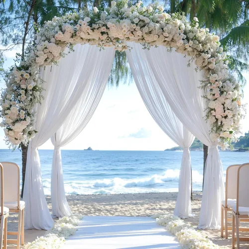Miniatura 25 de Tela drapeada para arco de boda de 28 x 19 pies, telón de fondo de tela de gasa transparente, 1 panel de cortinas de rosa polvorienta para Cortina