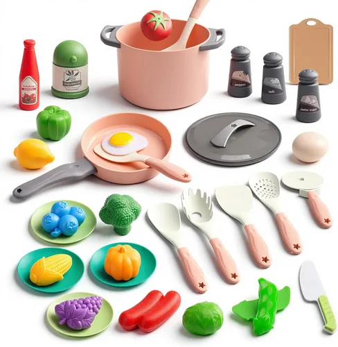Miniatura 9 de Juego de 90 accesorios de cocina, cocina de simulación con ollas, sartenes, utensilios de cocina, alimentos, frutas, verduras, cestas de Rosa