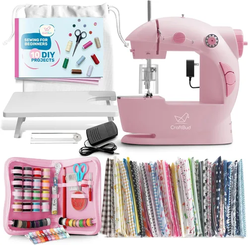 Miniatura 13 de CraftBud Mini máquina de coser para principiantes, máquina de coser portátil de doble velocidad para niños y adultos con mesa de extensión, juego