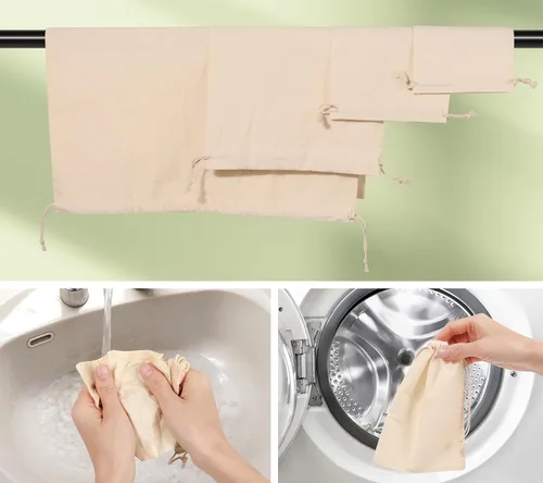 Miniatura 6 de 20 bolsas de algodón para productos, bolsas de almacenamiento de muselina reutilizables de 8 x 10 pulgadas con cordones, bolsas de algodón natural