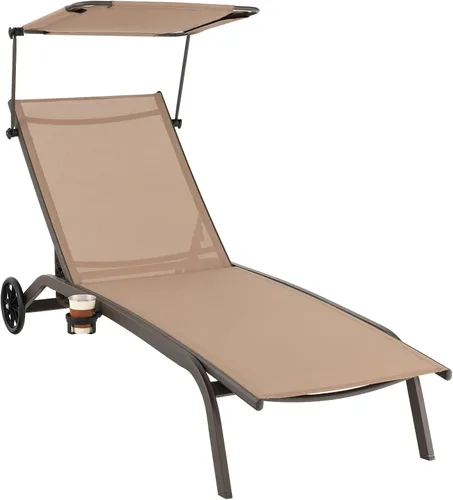 Tangkula Tumbona para patio, reclinable al aire libre con ruedas, toldo ajustable y portavasos, respaldo de 6 niveles, tumbona reclinable de metal