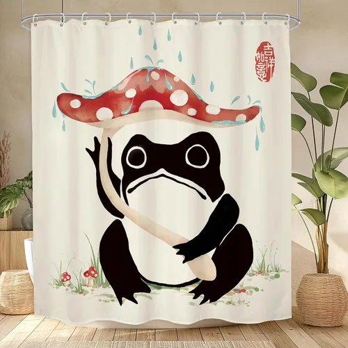 Miniatura 40 de Juego Divertido de Cortina de Rana Retro para Ducha, Juego de Baño 48x71 Pulgadas, Estilo Asiático Lindo, Arte Japonés Tradicional de Pato de Goma