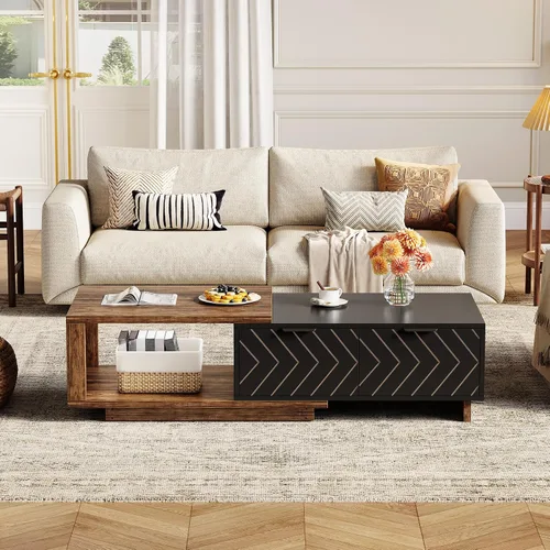 Miniatura 4 de LITTLE TREE Mesa auxiliar de madera expandible con 2 cajones, mesa central rectangular de granja que ahorra espacio, perfecta para sala de estar