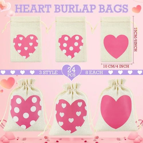 Miniatura 2 de Crtiin 24 bolsas de regalo de arpillera para el día de San Valentín, bolsas de regalo de lino con cordón de corazón, bolsa de dulces para regalos