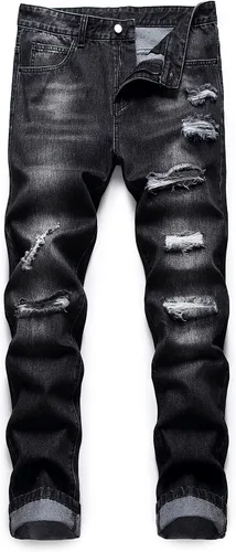 Jeans rasgados para hombre, ajustados, ajuste regular, pierna cónica, desgastados, pantalones de mezclilla para hombre con agujero