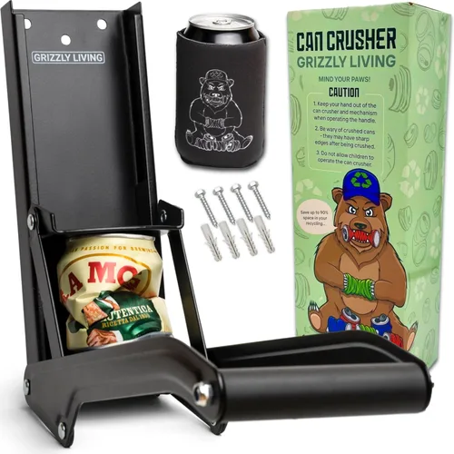 Grizzly Living Trituradora de latas resistente para reciclaje | Can Rrusher montado en la pared para latas de 12 a 16 onzas | Trituradora de latas
