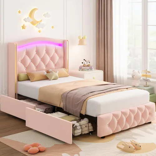 Miniatura 9 de Hifit Base de cama LED, tamaño individual, cabecera capitoné con botones de cristal, 4 cajones, moderna, piel sintética, de princesa, para niñas,