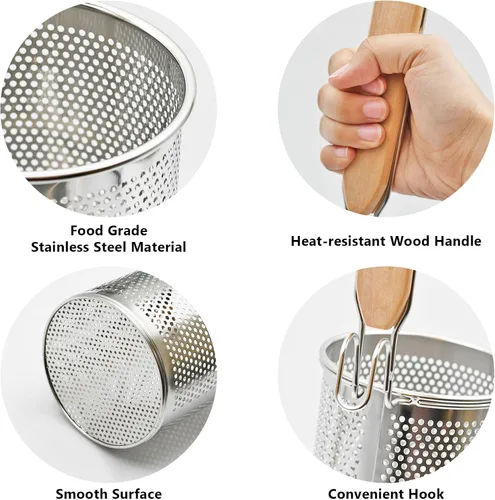Miniatura 2 de Colador de Pasta de Acero Inoxidable, 2 piezas Colador de Fideos y Dumplings de Alimentos Microperforado con Mango de Madera, Cestas para Colar