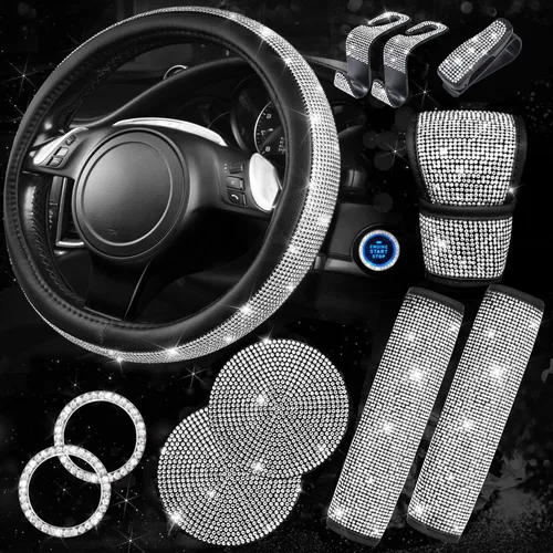 Miniatura 9 de CAR PASS Juego de fundas de asiento de coche con diamantes brillantes de 11 piezas, accesorios de coche con diamantes brillantes para mujer, funda