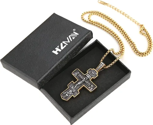 Miniatura 6 de HZMAN Collar de cruz ortodoxa oriental para hombres y mujeres, retro, religioso, Jesús, crucifijo bizantino, cruz bizantina, colgante cristiano