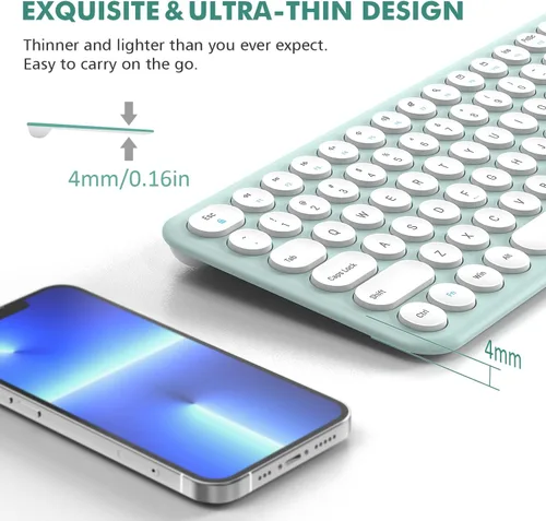 Miniatura 7 de Combo de teclado y mouse inalámbricos, 2.4 GHz, silencioso, delgado, lindo, redondo, tamaño compacto, color verde, Kawaii, juego de teclado y mouse