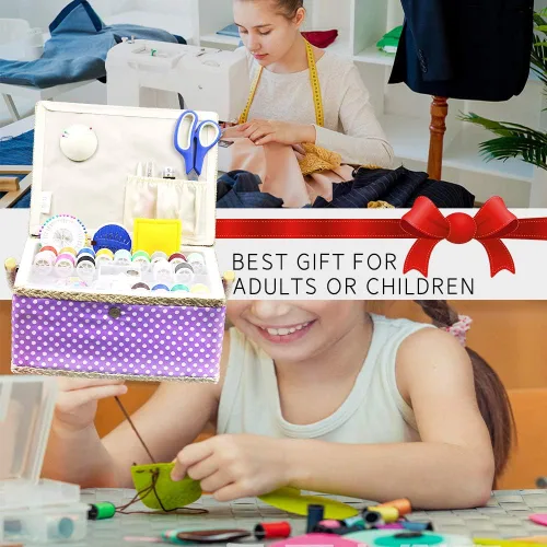 Miniatura 6 de Cesta de costura grande con accesorios, caja organizadora de costura de madera para suministros de costura y almacenamiento de herramientas de Morado