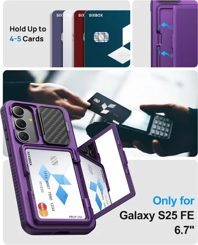 Miniatura 4 de Funda para Samsung Galaxy S25 FE, tarjetero integrado, soporte y cubierta para lente, prueba de caídas de grado militar, borde de silicona suave