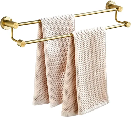 Miniatura 2 de BATHSIR Toallero de baño doble de oro cepillado ajustable, 14.56 a 27.55 pulgadas, toallero de montaje en pared para baño, colgador de toallas