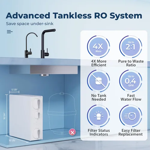 Miniatura 3 de iSpring RO500AK-ORB - Filtro de agua por ósmosis inversa, Certificado NSF 58, Sistema RO sin tanque de 500 GPD, pH natural con remineralización